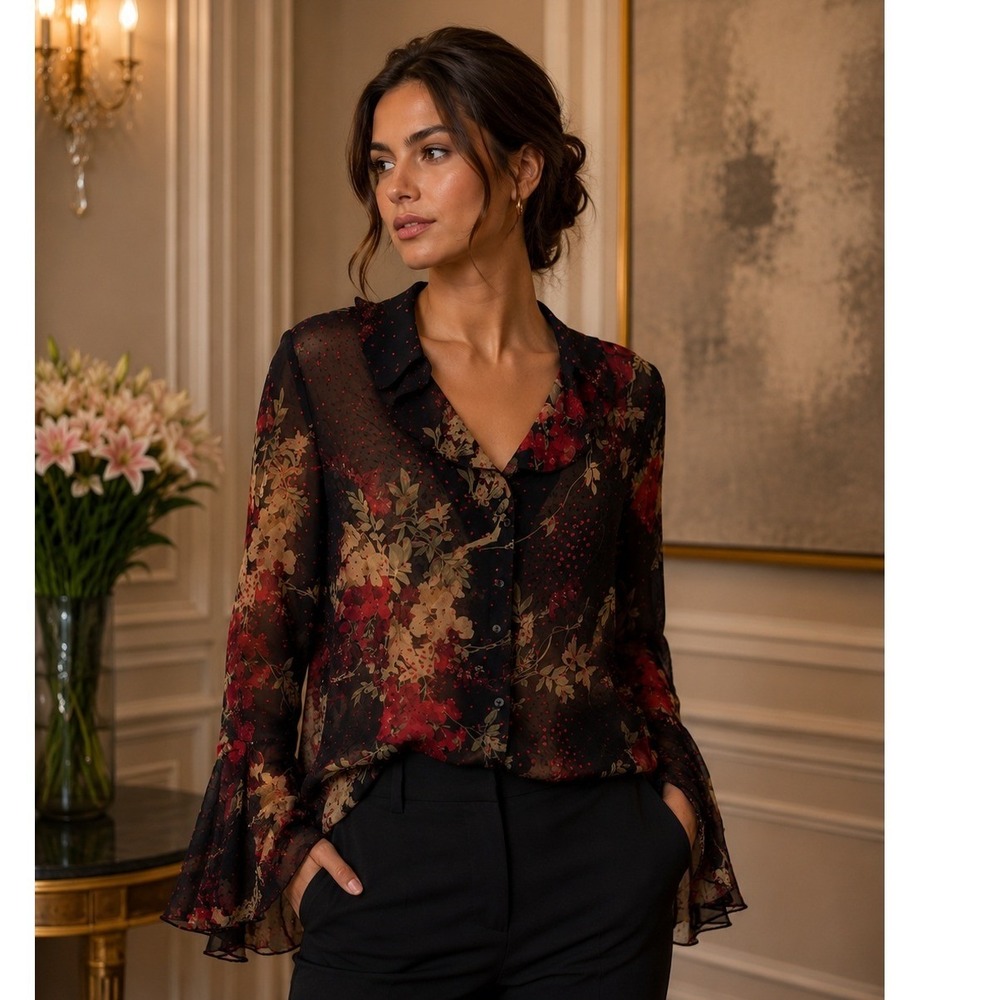 Dressbarn Vintage Sheer Floral Bell Sleeve Blouse Red Black‎ Y2K Medium